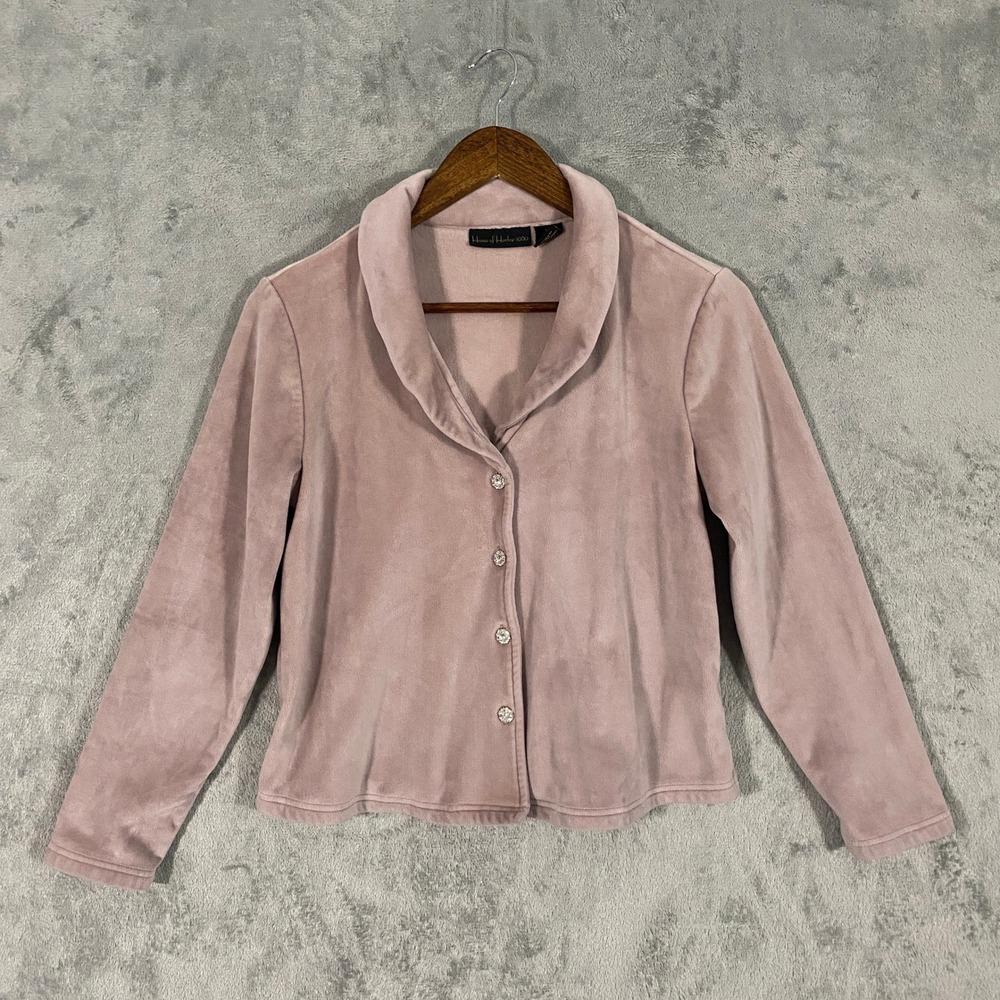 House of Harlow 1960 Cardigan Sz S Pink Velour Shawl Rhinestone Button Glam Luxe